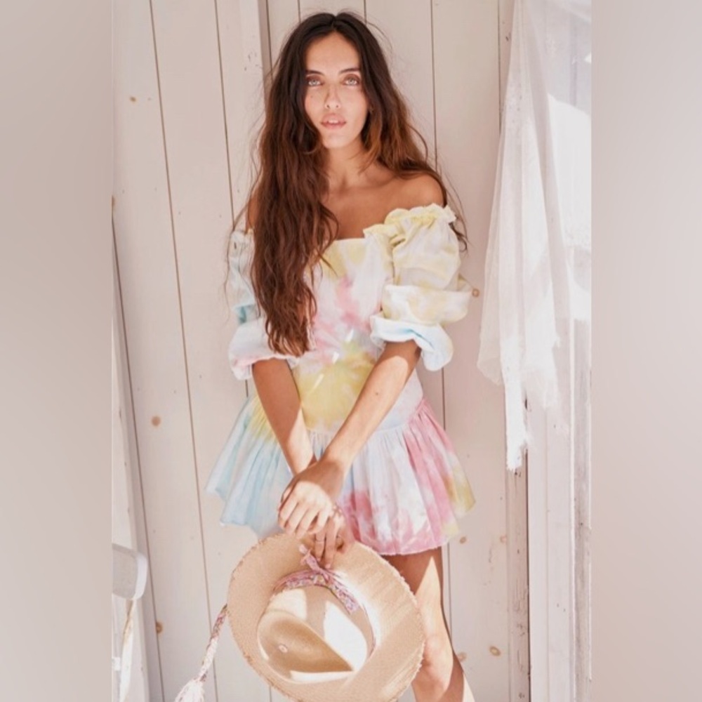 LoveShackFancy Pastel Tie-Dye Off-Shoulder Mini Dress